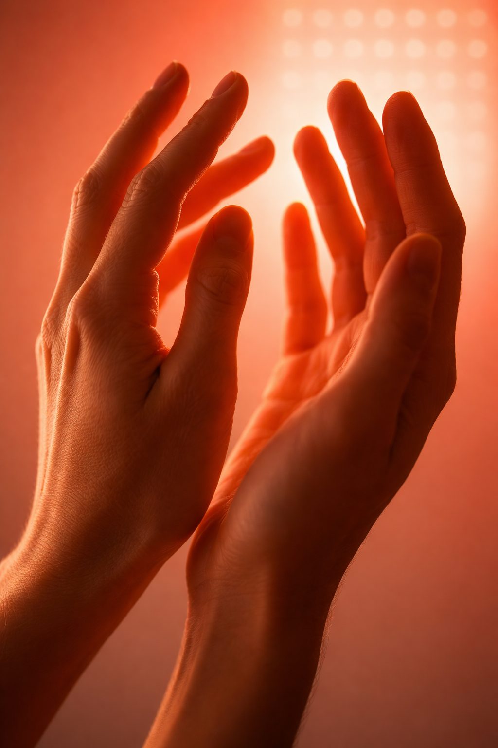 Hands reaching upward, illuminated by warm red light