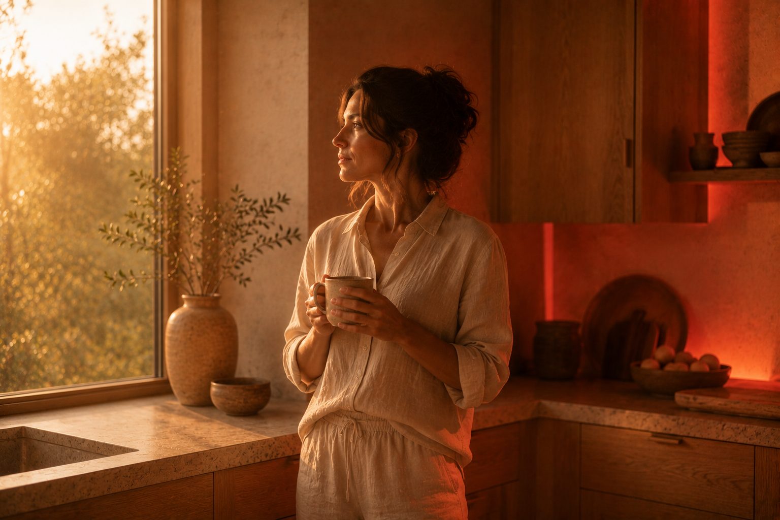 Person pausing for a calm moment by a window during the day